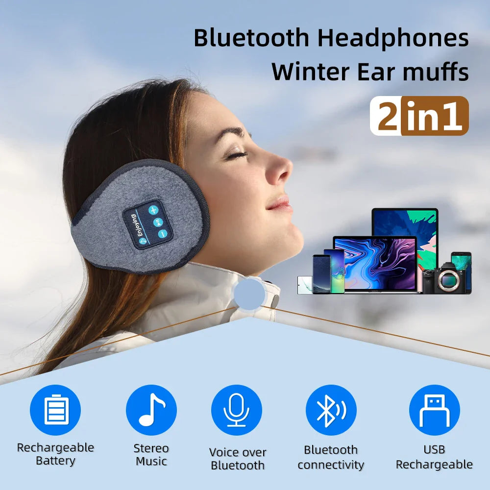 Winter Bluetooth Ear Warmer Music Headband - Wireless Headphones Muffs, Earphone Warmer Earmuffs for Men and Women in Thick Casual Cap Style