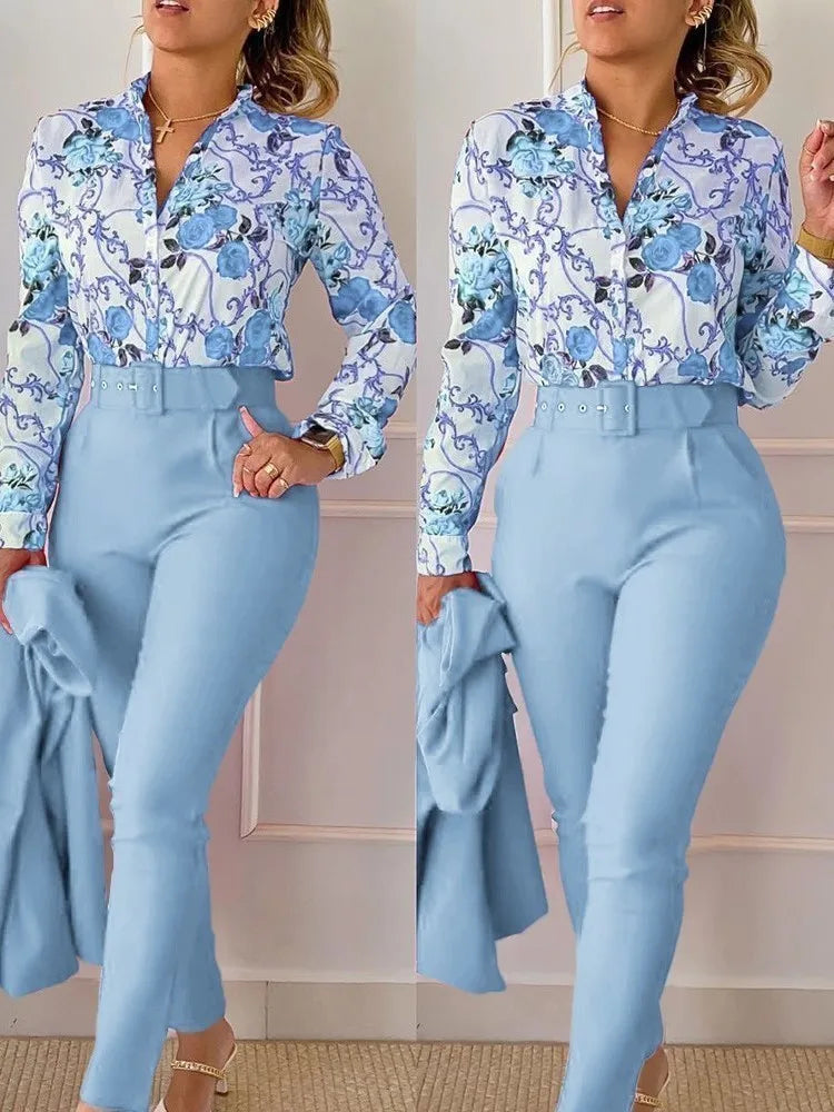Women’s Autumn Winter Two-Piece Set – Stand Neck Floral Shirt & Pants with Belt, Elegant Casual Outfit