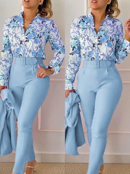 Women’s Autumn Winter Two-Piece Set – Stand Neck Floral Shirt & Pants with Belt, Elegant Casual Outfit