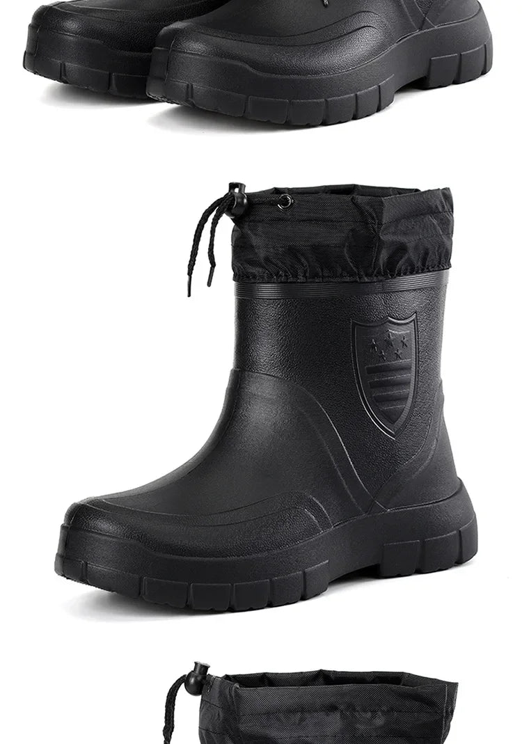 Winter Windproof Cotton Rain Boots for Men, Warm Waterproof Ankle Rain Shoes, Slip-On Fashion Work Boots, 2024