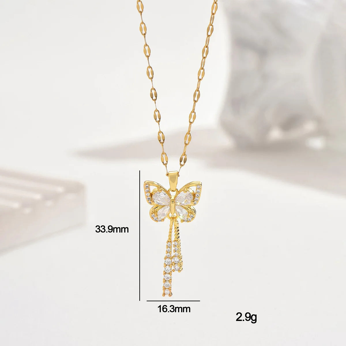 Exquisite Micro Inlaid Zircon Butterfly Tassel Necklace – Titanium Steel, Perfect Gift for Fashion-Forward Women