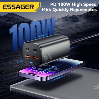Essager 100W GaN USB-C Charger – Fast Desktop Charger with QC 4.0/3.0 PD for MacBook, iPhone 15, Samsung, Laptop & POPC