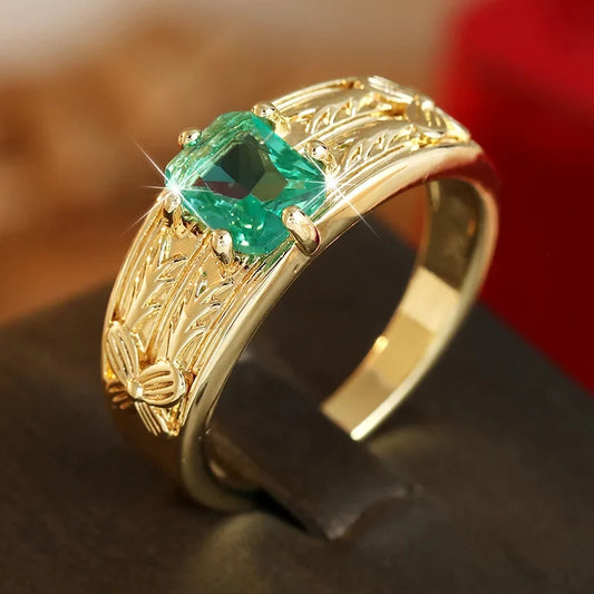 Vintage Gold-Plated Flower Ring - Green Synthetic Zircon Luxury Jewelry for Women