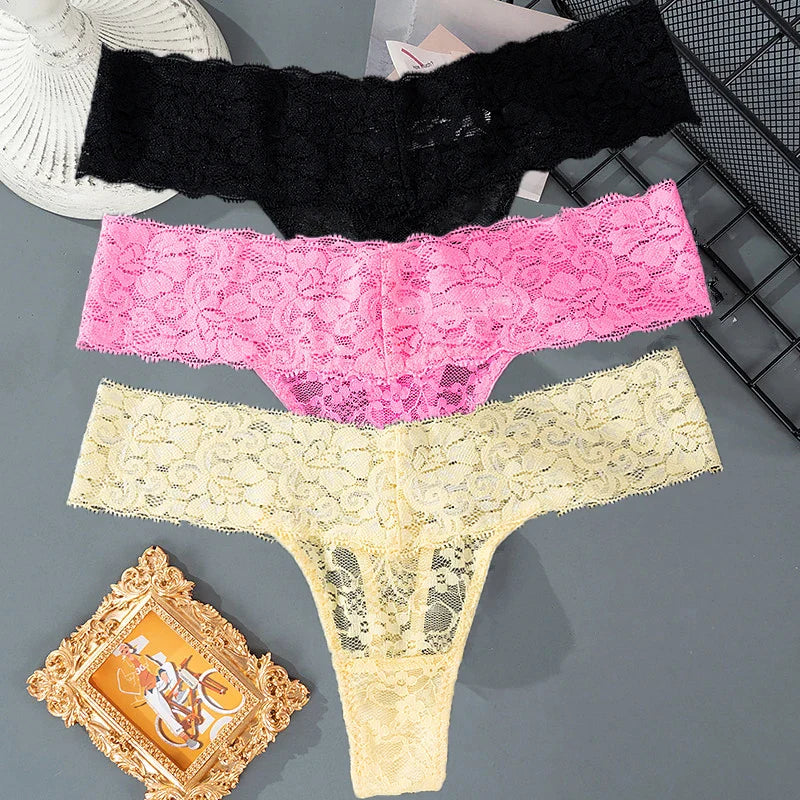 3PCS Lace Floral Women’s Panties - Low Waist Breathable Briefs & Thong, Sexy G-String Transparent Underwear (M-2XL)