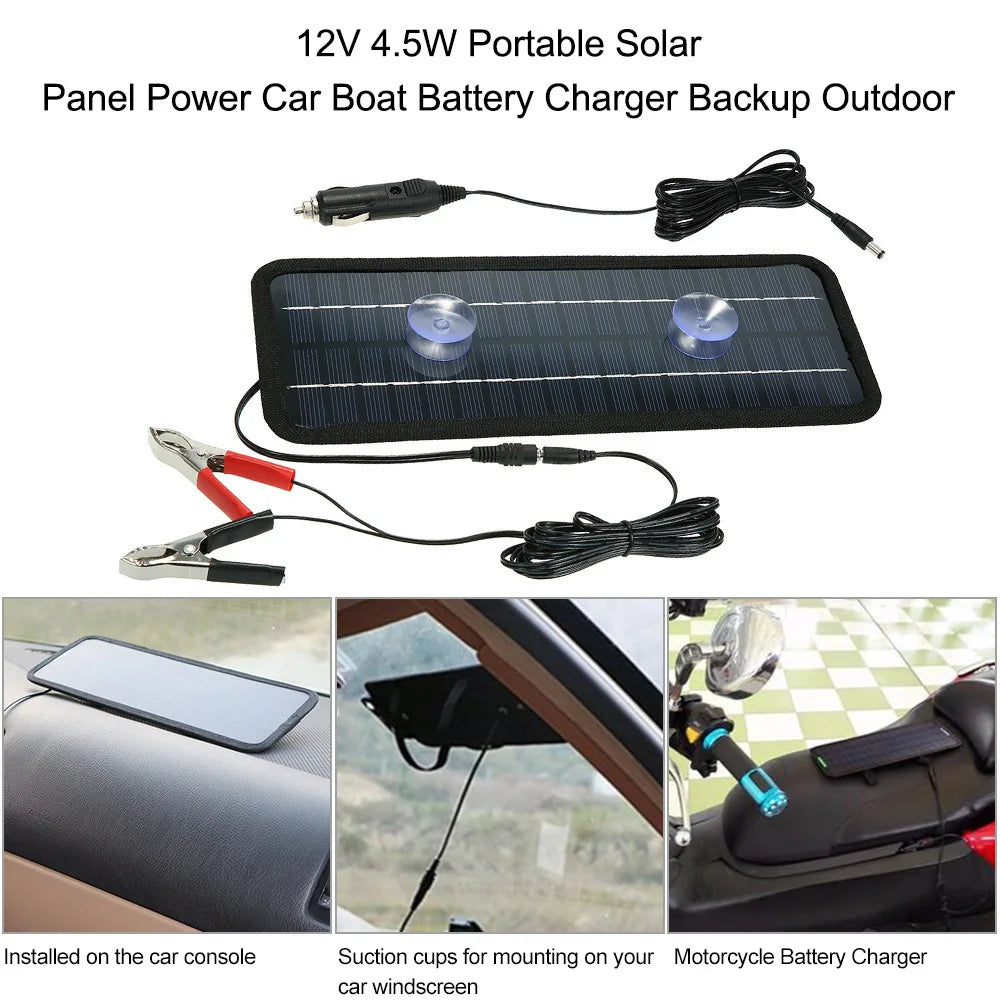 12V Solar Trickle Charger — Portable Waterproof Solar Battery Maintainer for Car