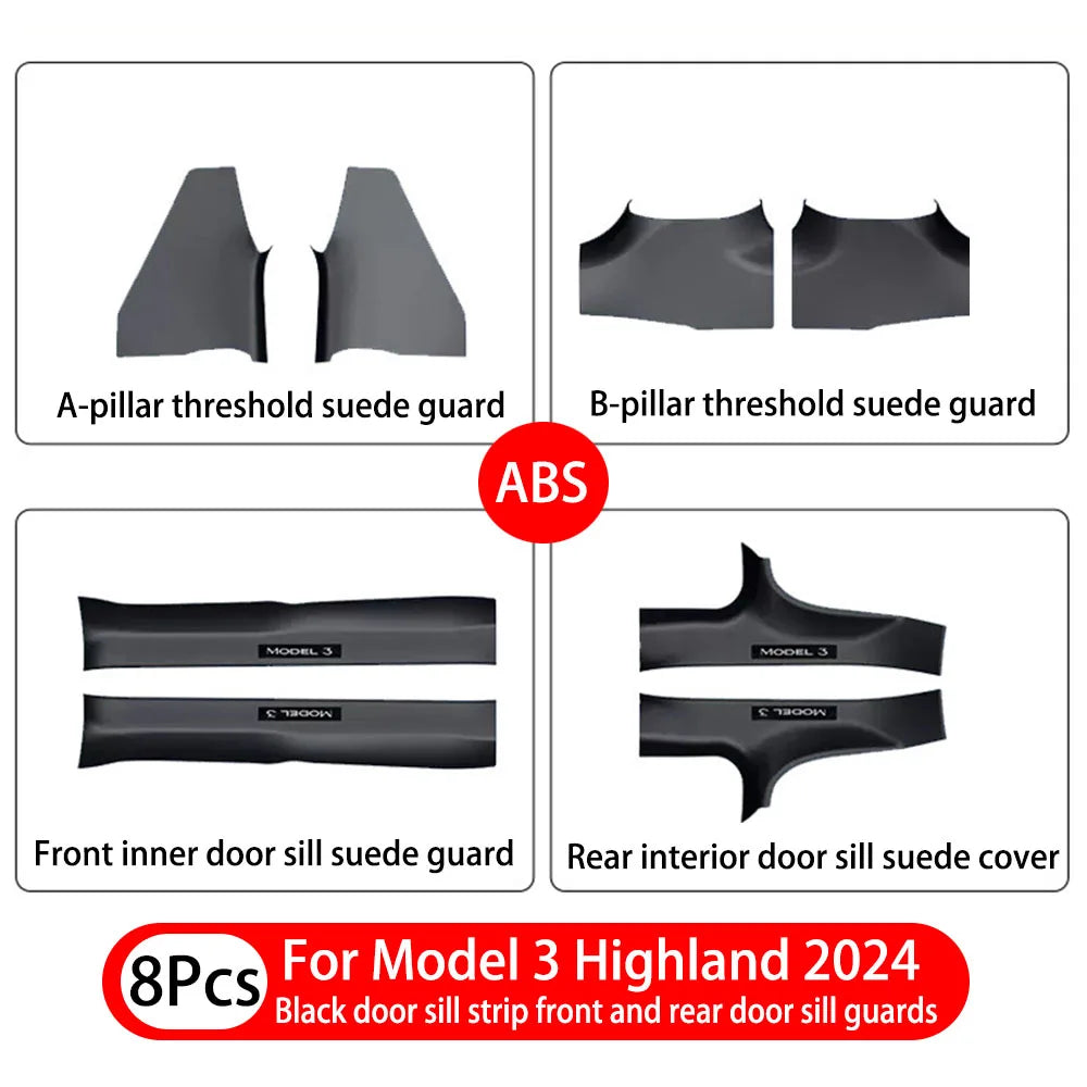 2/4/8Pcs Door Sill Protectors for Tesla Model 3 Highland 2024 – ABS Front & Rear Threshold Anti-Kick Guard Waterproof Strips