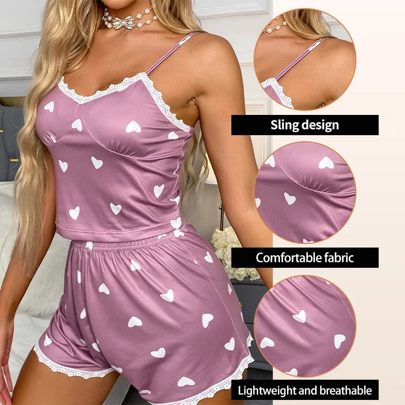 Women’s Lace V-Neck Pajama Set – Printed Suspender Top & Shorts Two-Piece Sleepwear