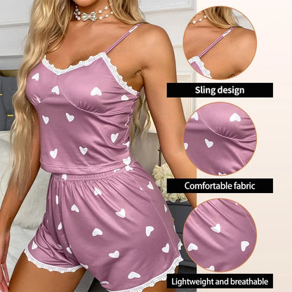 Women’s Lace V-Neck Pajama Set – Printed Suspender Top & Shorts Two-Piece Sleepwear