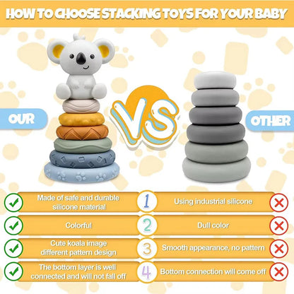 Baby Montessori Sensory Development Set – Koala & Rabbit Stacking Tower, Fine Motor Skills Learning Toys