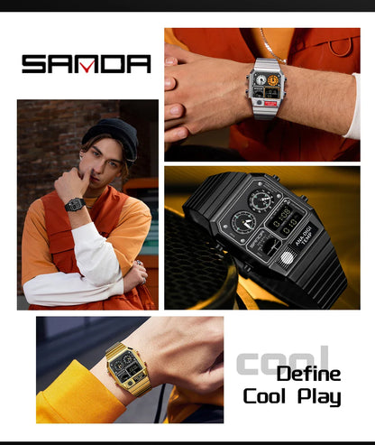 SANDA 3192 Men’s LED Square Watch — Youth Casual Multi-Function Stopwatch Thermometer Chronograph