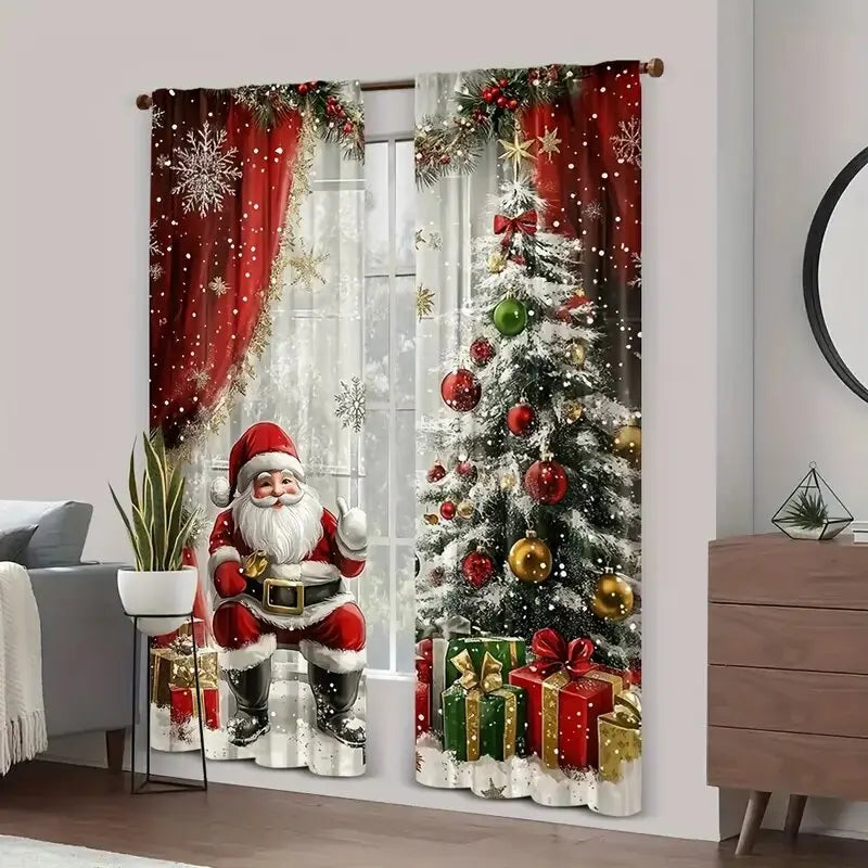 2pcs Christmas Santa Claus & Holiday Pattern Printed Curtains – Pole Bag Home & Room Decoration