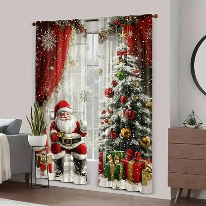 2pcs Christmas Santa Claus & Holiday Pattern Printed Curtains – Pole Bag Home & Room Decoration