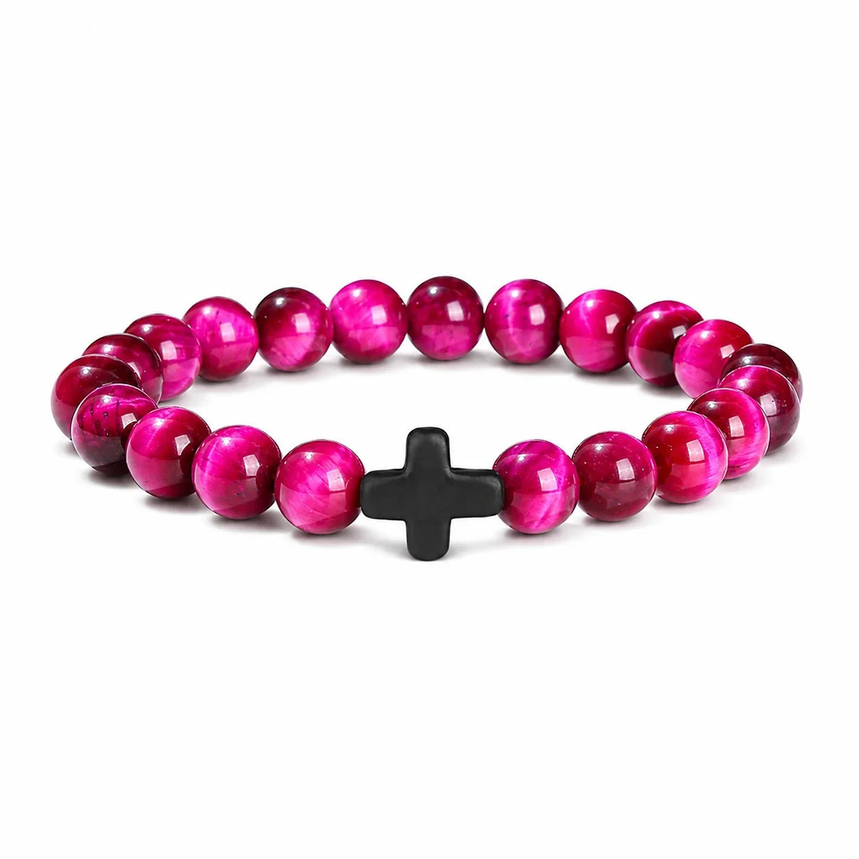 Natural Stone & Wood Bead Rosary Bracelet - Hematite Cross Meditation & Yoga Jewelry for Men & Women
