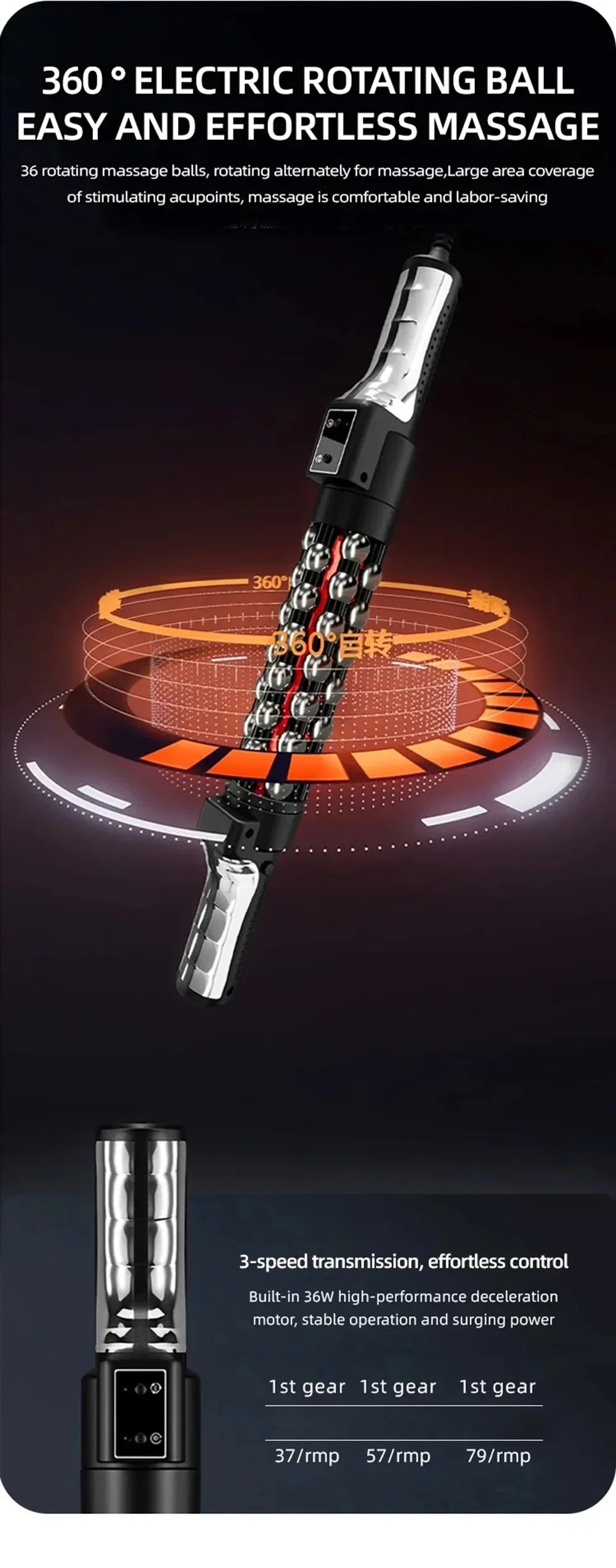 36W Red Light Heated Massage Device - 360° Rotating Roll Massager for Body & Anti-Cellulite Treatment