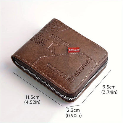 Men's PU Wax Oil Skin Wallet – Short Card Holder & Coin Purse with Zipper Around for Men