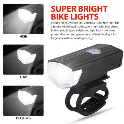 USB Rechargeable Bike Light Set – Front and Taillight with 3 Modes, Easy to Install Bicycle Accessories for Road and MTB