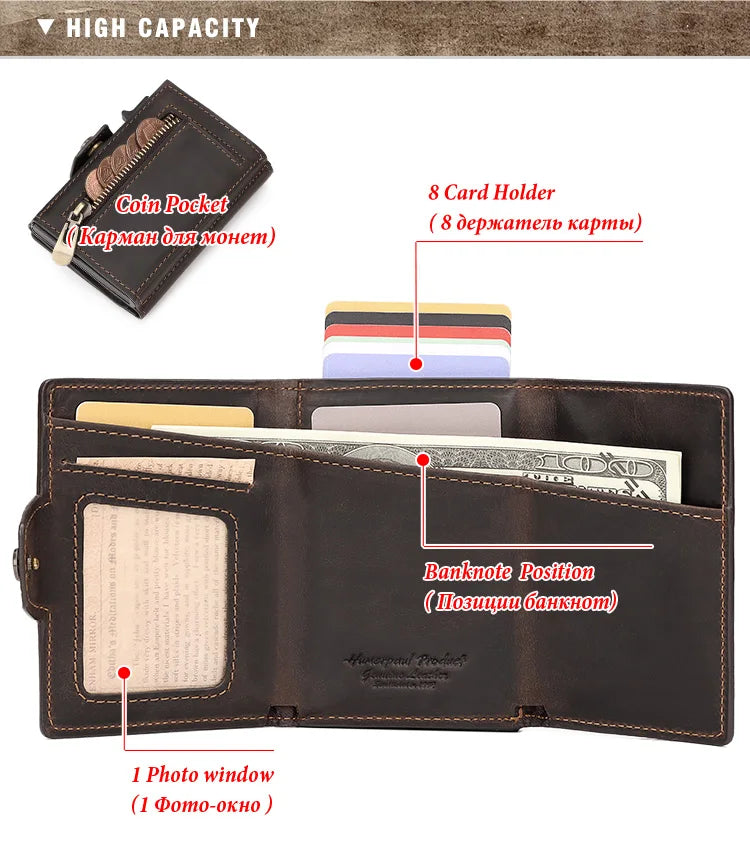HUMERPAUL Men’s Pop-Up Card Holder – Crazy Horse Leather RFID Blocking Slim Wallet with Money Pocket & Metal Bank Card Case