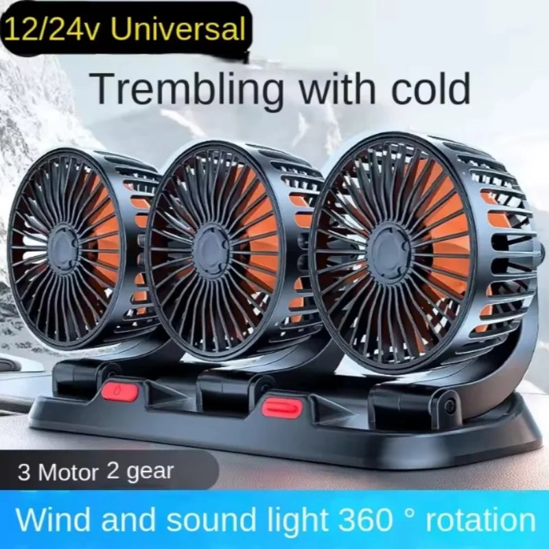 360° Adjustable 3-Head Car Fan – Silent USB 12V/24V Cooling Fan for Car, Home & Office Desk