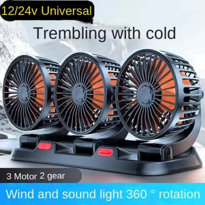 360° Adjustable 3-Head Car Fan – Silent USB 12V/24V Cooling Fan for Car, Home & Office Desk