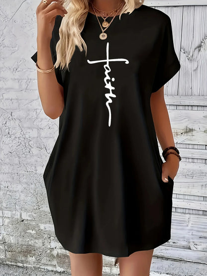 Women’s Plus Size Summer Casual Dress – Loose Fit Cross Faith Print Round Neck Short Sleeve Pocket T-Shirt Dress