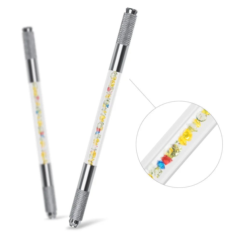 Manual Double-Ended Crystal Acrylic Microblading Pen – Permanent Makeup Eyebrow Tattoo Tool for Flat & Round Needles