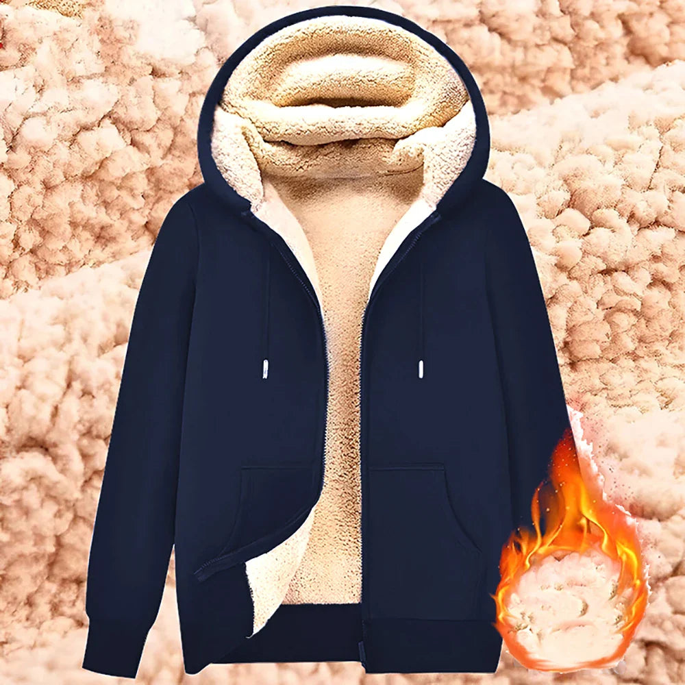 Trendy Lamb Wool Jacket - Warm Zipper Sweatshirt Coat with Front Pockets, Plush Lined Cardigan Hoodie for Men and Women, Pure Color Winter Outerwear