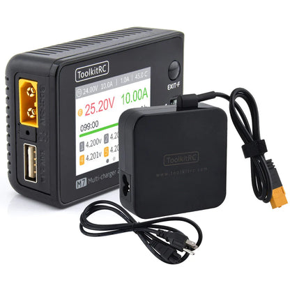 ToolkitRC M7 200W 10A DC Charger/Discharger — ADP100 Adapter for 1-6S LiPo, LiHV & LiFe Lion RC Batteries (EU/US)