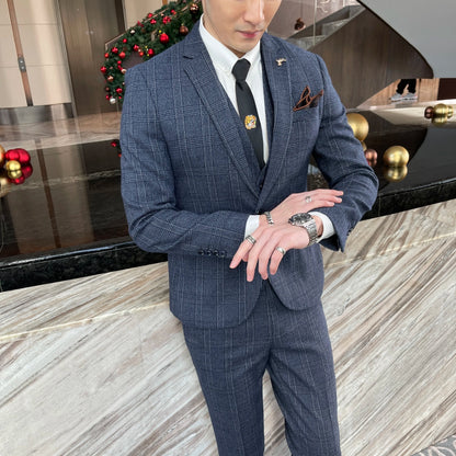 Men’s British Korean Plaid Three-Piece Suit – Stylish Business Casual Set with Blazer, Vest & Trousers