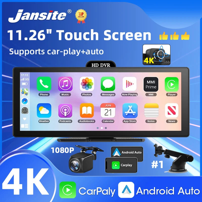 11.26-Inch 4K Dash Cam – Wireless CarPlay & Android Auto, Dual Lens DVR, Bluetooth Audio, GPS Navigation Video Recorder