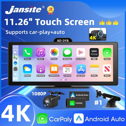 11.26-Inch 4K Dash Cam – Wireless CarPlay & Android Auto, Dual Lens DVR, Bluetooth Audio, GPS Navigation Video Recorder