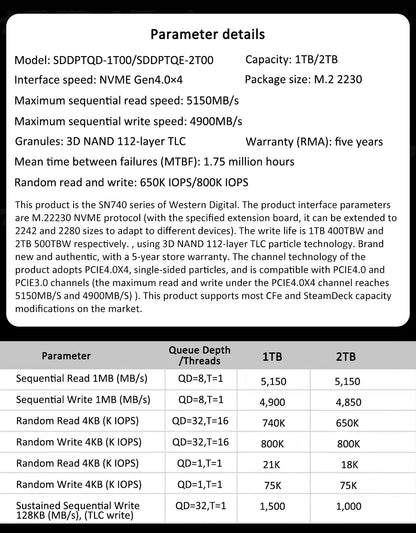 Western Digital WD SN740 2TB/1TB SSD – M.2 2230 Gen4 PCIe 4.0 NVMe Solid State Drive for Steam Deck & Microsoft Surface Pro X