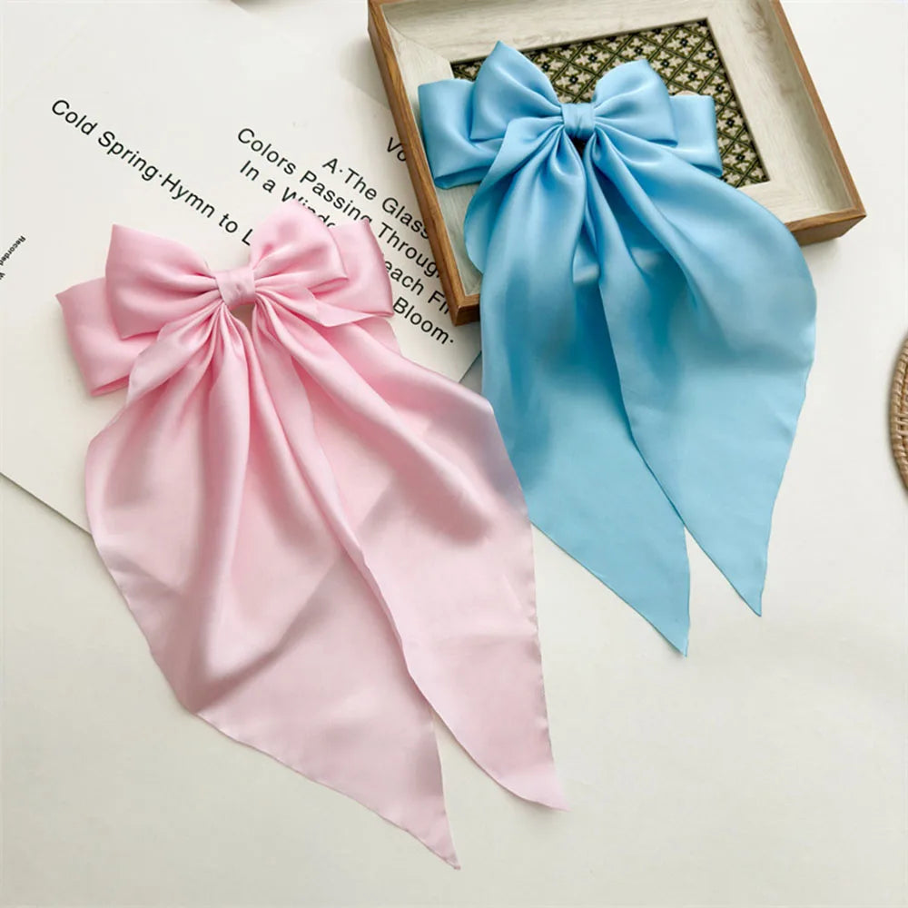Ladies Satin Oversized Ribbon Bow Hair Clip – White, Pink, Red, Blue, Black, Long Tail Spring Clip for Ponytail Hair Accessories