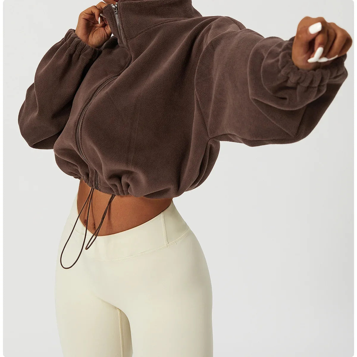 Women's Polar Fleece Zip Hoodie — Athletic Loose-Fit Crop Top with Stand Collar, Thumb Holes & Drawstring Hem for Fall/Winter