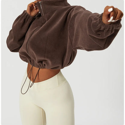 Women's Polar Fleece Zip Hoodie — Athletic Loose-Fit Crop Top with Stand Collar, Thumb Holes & Drawstring Hem for Fall/Winter