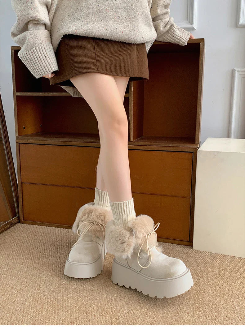 Women’s Winter Chunky Sole Fur Snow Boots – Cozy Height-Boosting Cotton Short Booties