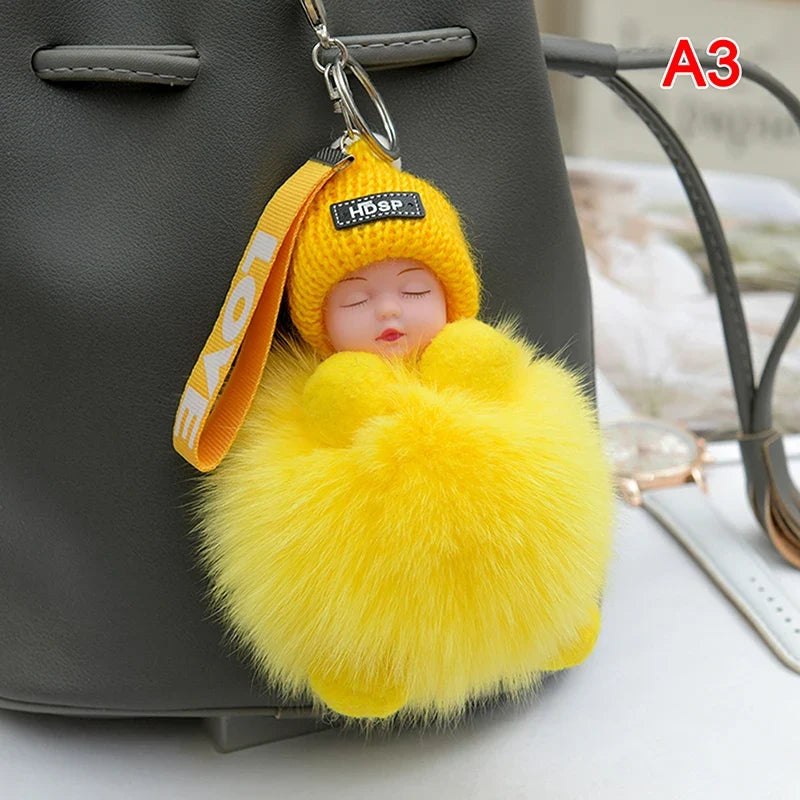 Pompom Sleeping Baby Keychain - Fluffy Plush Doll Keyring for Bags, Cars & Gift Decoration