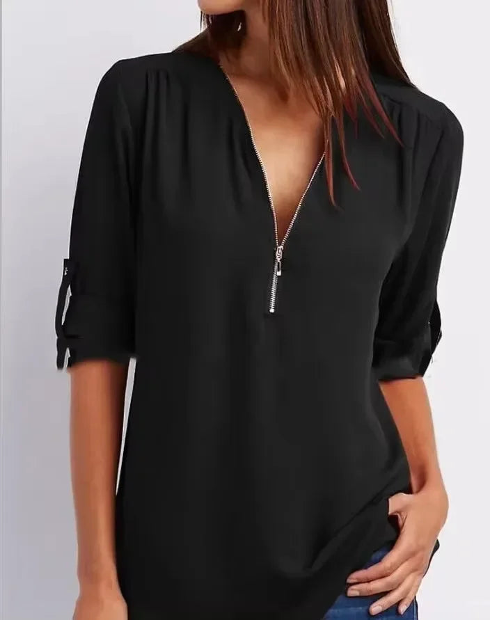 Women’s 2025 Hot Sale Loose Chiffon Blouse – Deep V-Neck Casual Top with Zipper Pullover Plus Size