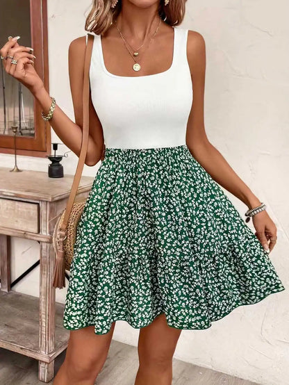 Women’s Summer Printed Vacation Dress – Square Neck Sleeveless Elegant Casual Fashion Sundress