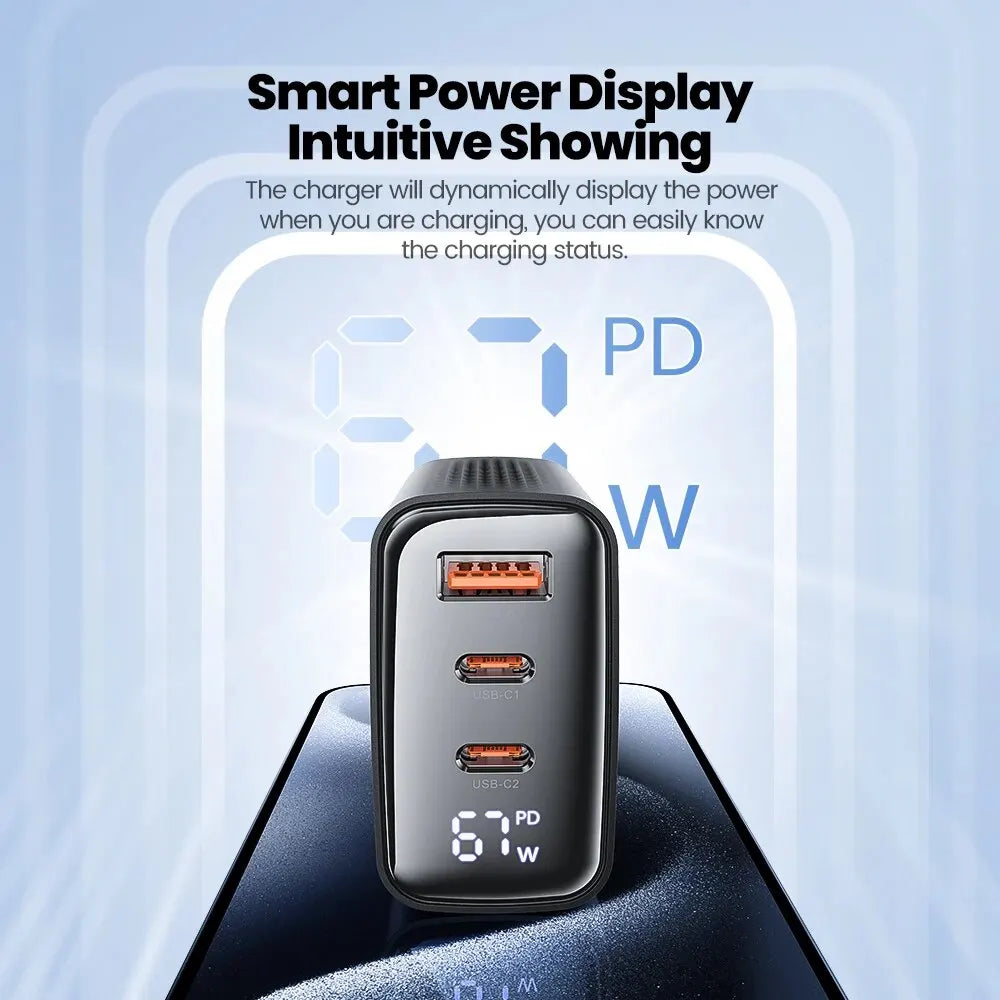 Toocki 67W GaN USB-C Charger — Digital Display Quick Charge PD PPS QC4.0 for MacBook, Laptop, iPad, iPhone 15/14