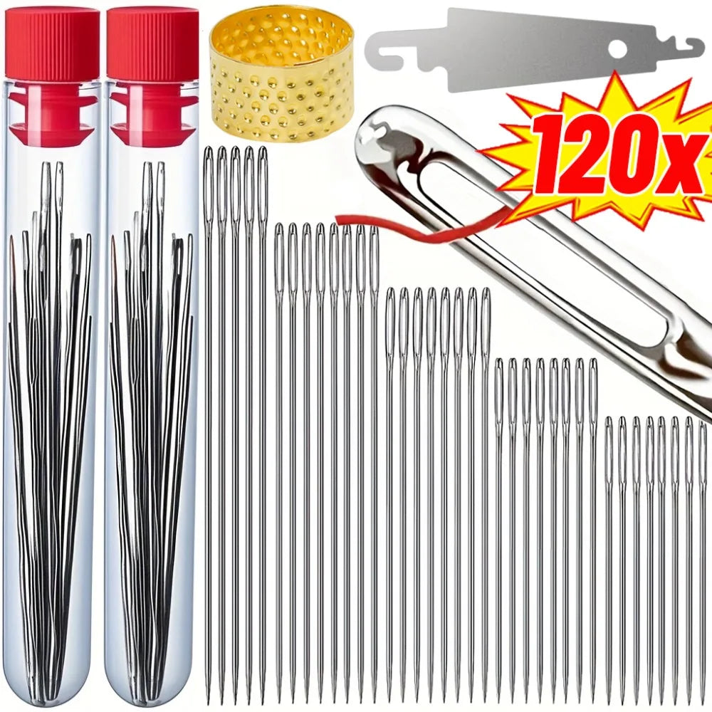 Stainless Steel Sewing Needle Set with Threader – Embroidery & DIY Household Sewing Tools for Apparel, Craft & Repair Use