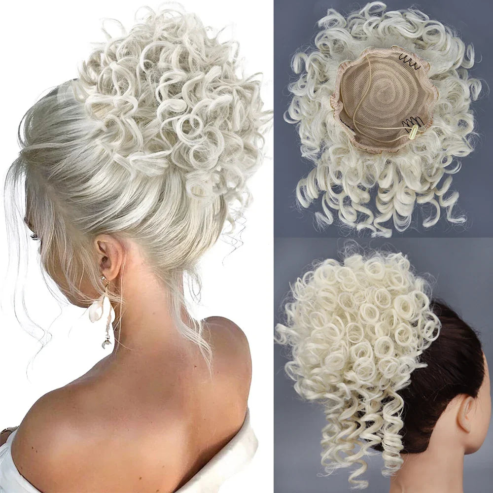 Synthetic Messy Bun Hair Piece – 60g Elastic Drawstring Curly Wave Hair Bun Extension for Women (Dark Brown)