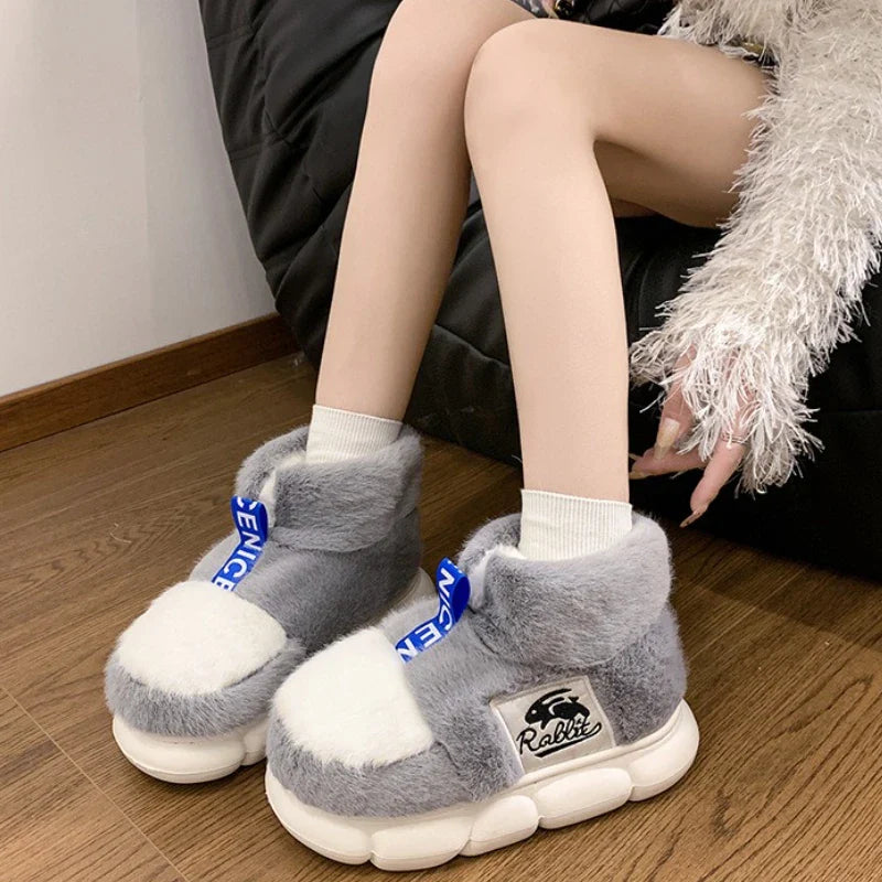2025 Winter Warm Plush Slippers – High-Top Platform Indoor Snow Boots for Women & Men, Cozy Home Shoes with Soft Lining