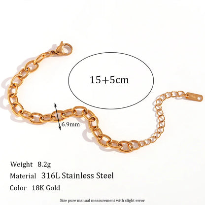 18K Gold Plated Stainless Steel Oval Link Chain Jewelry Set – 7mm Chunky Silver Color Choker Necklace, Bracelet & Anklet Accessories