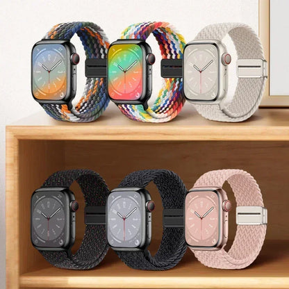 Nylon Braided Loop Apple Watch Band – Magnetic Metal Bracelet Strap for Ultra 2, Series 3–9 & SE (40mm–49mm) Adjustable Wristband