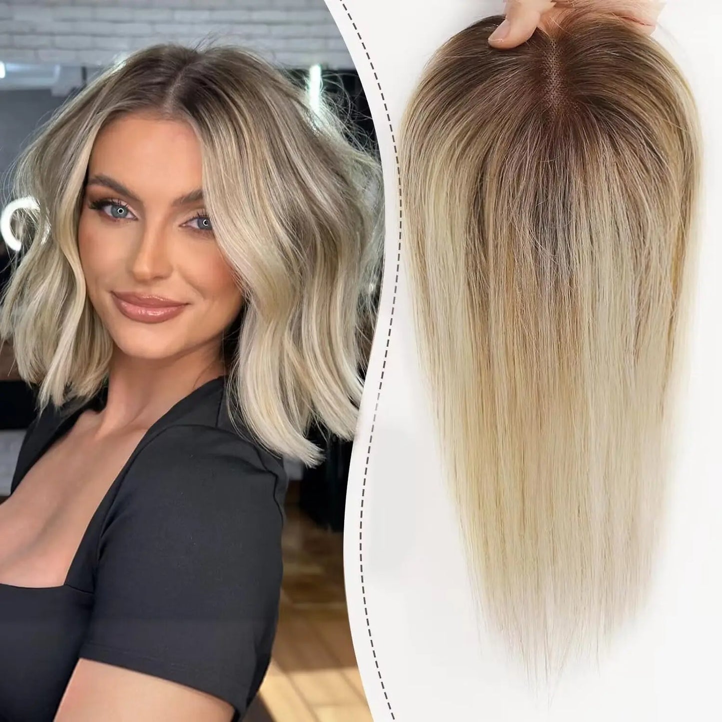 Ombre Blonde Brown 100% Remy Human Hair Topper – Silk Base Clip-In Extension for Women with Hair Loss, 12 Inch