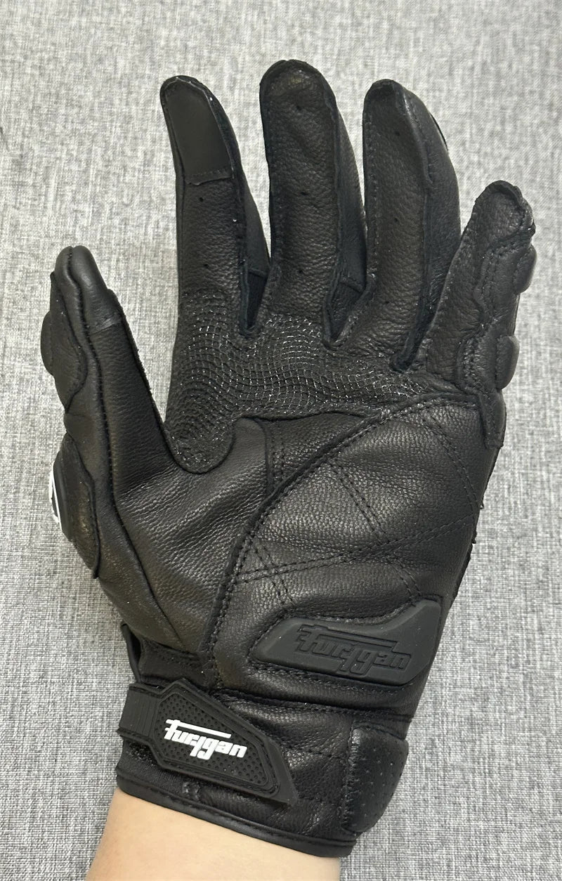 Motorcycle Gloves – Black Racing Genuine Leather, White Road Riding Team Gloves for Men, Summer & Winter with Touch Screen Compatibility