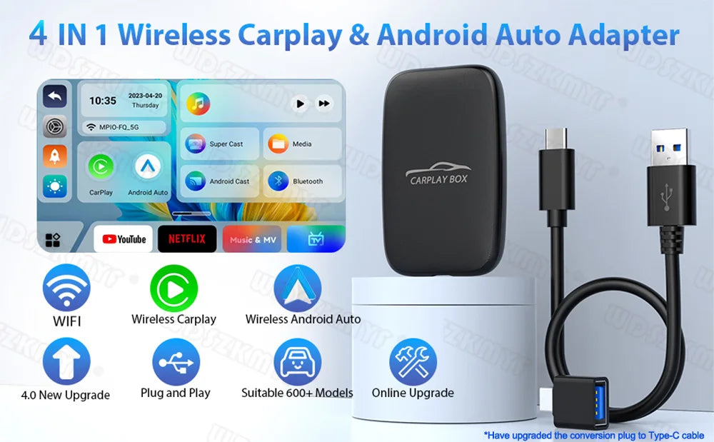 5-in-1 CarPlay AI Box – Wireless Android Auto Adapter and Multimedia Player for YouTube, Netflix, and Auto Connect