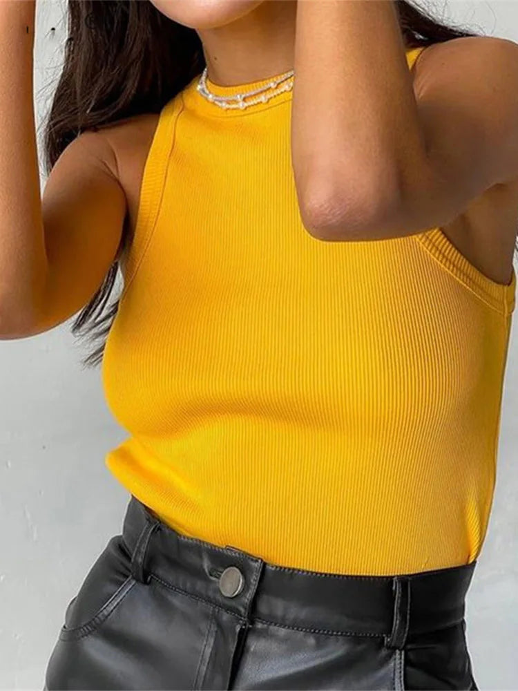 Ribbed Knit Summer Tank Top - Women's Casual Off-Shoulder Basic Vest Shirt