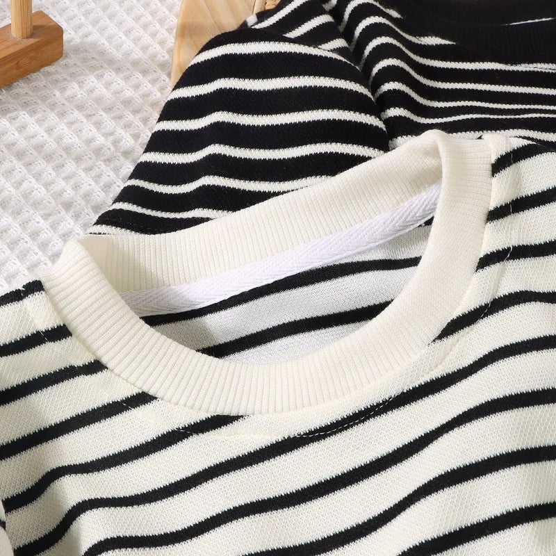 2PCS Kids Summer Outfit – Cotton Short Sleeve Tee & Shorts Set for Boys, Black & White Stripe