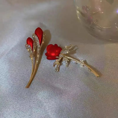 Red Rose Tulip Brooch Pin - Ladies Fashion Light Luxury Flower Design, Elegant Dress Suit Badge Accessory